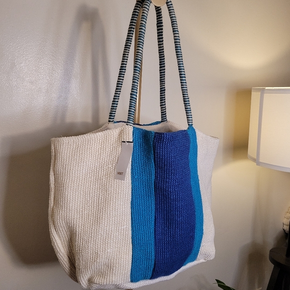 MixIt Multicolor Jute & Cotton Large Tote Bag Blue and Cream Tote Bag - Picture 3 of 15